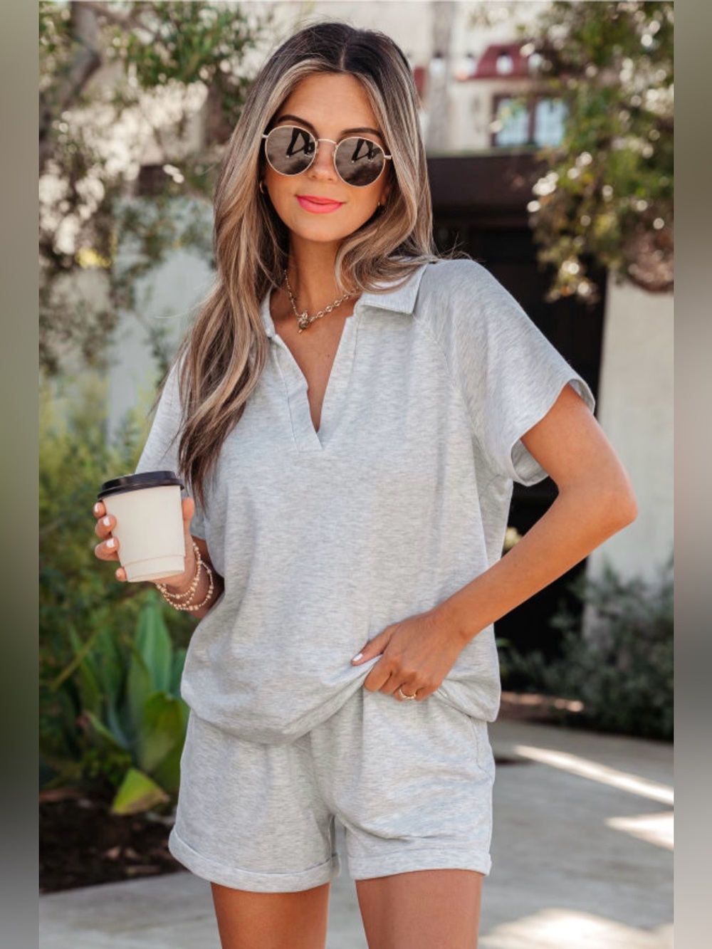 Addy- Light Gray Women's Collared V-Neck Short Set